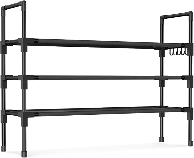 3 Tier Shoe Rack, Shoe Organizer Storage for 16-20 Pair Boot and Sneaker, Stackable Free Standing Shoe Shelf with Hooks and Side Pocket, Space Saving Shoes Rack for Closet, Entryway - Image 8