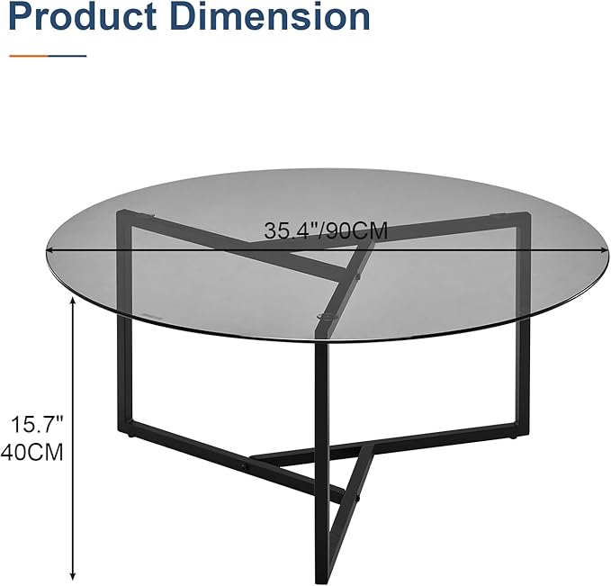 CLIPOP Small Round Coffee Table, Tempered Glass Coffee Table with Triangle Structure Metal Frame, Adjustable Feet Padded, Modern Coffee Table for Living Room, Small Space, Black