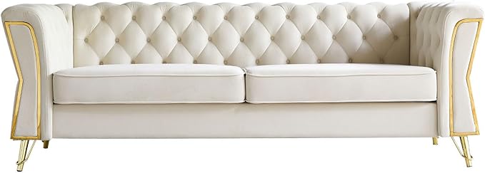 KEIKI 87" Chesterfield Velvet Button Tufted Sofa with High Density Foam Cushions, Modern Style 3-Seater Couch with Gold Strip Trim Decoration, Easy Assembly, for Apartment, Living Room, Office, Beige