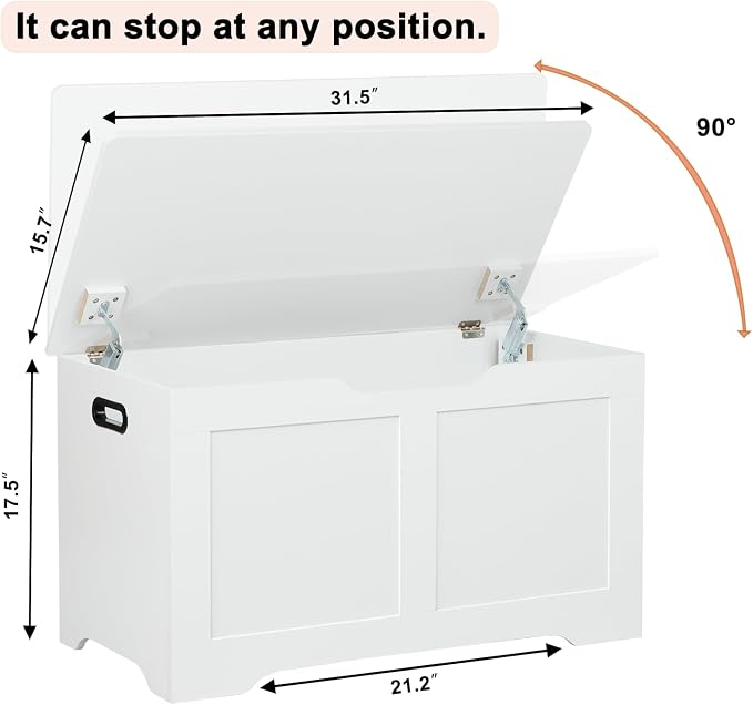 Timberer 31.5" Storage Chest, Wooden Storage Bench, Lift Top Toy Chest with 2 Safety Hinges, Large Toy Box, Entryway Shoes Bench for Living Room, Bedroom, White - Image 3