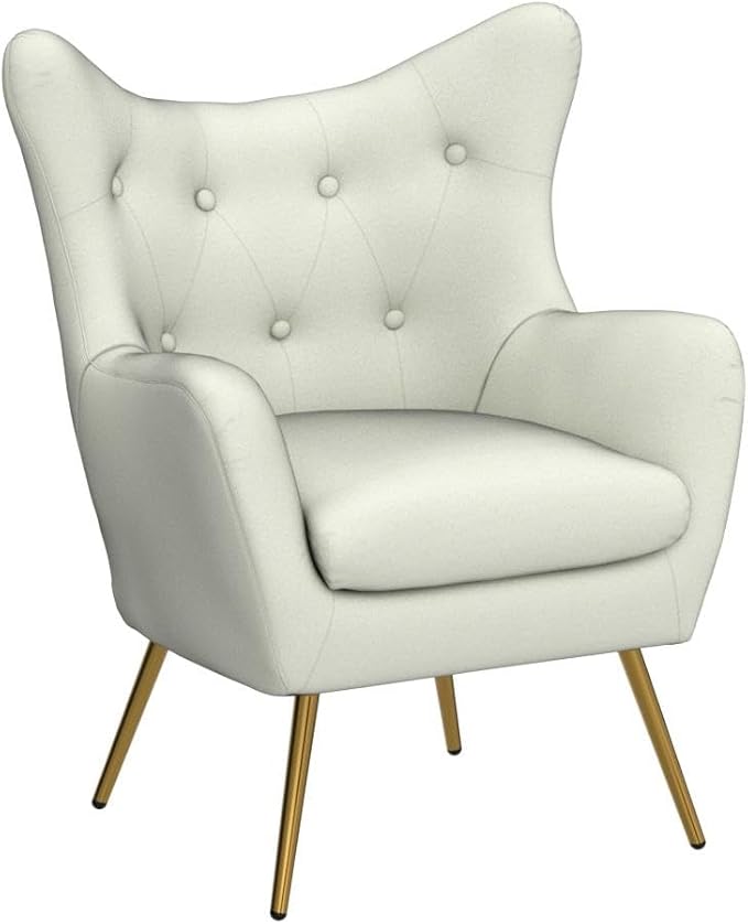 HULALA HOME Velvet Accent Chair, Modern Wingback Arm Chair with Metal Gold Legs, Velvet Tufted Upholstered(Ivory)