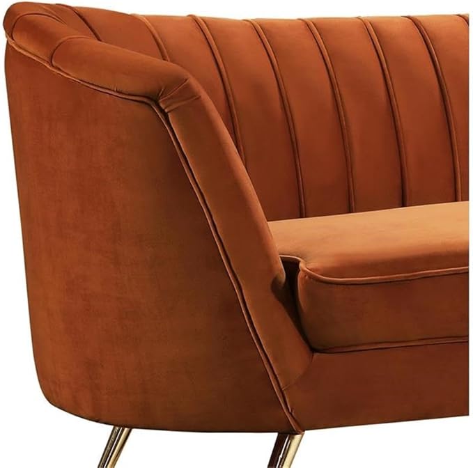 Meridian Furniture Margo Collection Modern | Contemporary Velvet Upholstered Loveseat with Deep Channel Tufting and Rich Gold Stainless Steel Legs, Cognac, 65" W x 30" D x 33" H