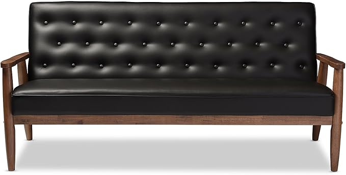 Baxton Studio Sorrento Mid-Century Retro Modern Faux Leather Upholstered Wooden 3-Seater Sofa, Black