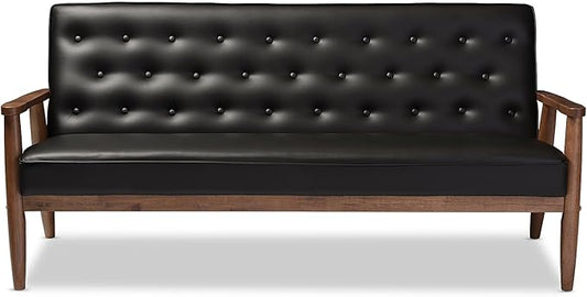 Baxton Studio Sorrento Mid-Century Retro Modern Faux Leather Upholstered Wooden 3-Seater Sofa, Black