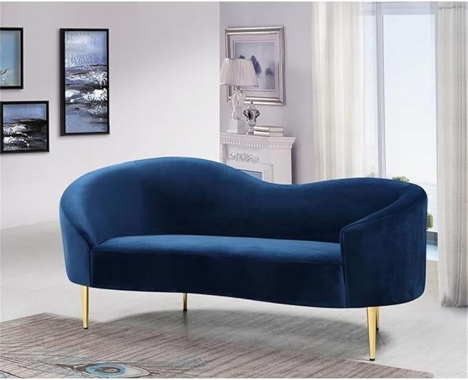 Meridian Furniture Ritz Collection Modern | Contemporary Velvet Upholstered Loveseat with Sturdy Metal Legs in Rich Gold Finish, Navy, 67" W x 31.75" D x 30.5" H