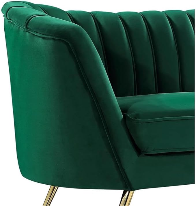 Meridian Furniture Margo Collection Modern | Contemporary Velvet Upholstered Sofa with Deep Channel Tufting and Rich Gold Stainless Steel Legs, Green, 88" W x 30" D x 33" H