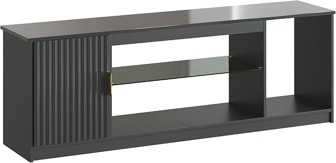 Bestier Fluted TV Stand for 65 Inch TV, Gaming LED Entertainment Center with Cabinet for PS5 Xbox, High Gloss TV Console for Living Room, Adjustable Glass Shelves, 57 Inch Bright Black - Image 9