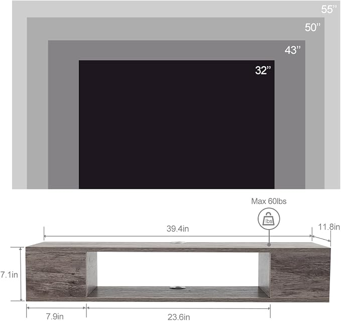 GHC Floating TV Stand, Wall Mounted Entertainment Center and Cabinet Shelf, TV Console with Storage, Media Console for DVD Player, Space-Saving Under TV Shelf for Bedroom, Living Room (Grey) - Image 2