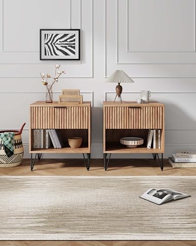 Manhattan Comfort Dumbo Modern Nightstand 1.0 with 1 Drawer and Metal Feet | Splayed Gold Legs | Vertical Ribbed Design | No Tool Assembly Storage for Bedroom & Living Room, Set of 2, Golden Brown - Image 2