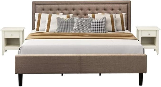 East West Furniture KD16K-2GA0C 3 Piece Wooden Bedroom Set-1 Modern Bed Frame Brown Linen Fabric Padded and Button Tufted Headboard with 2 Wire Brushed Butter Cream Finish Nightstand