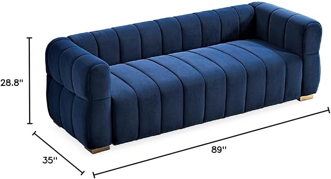 Art Deco Velvet Sofa with Tufted Low Back Design, Sophisticated 3 Seater Couch for Living Rooms, 89 Inch Wide, Easy Assembly, Blue