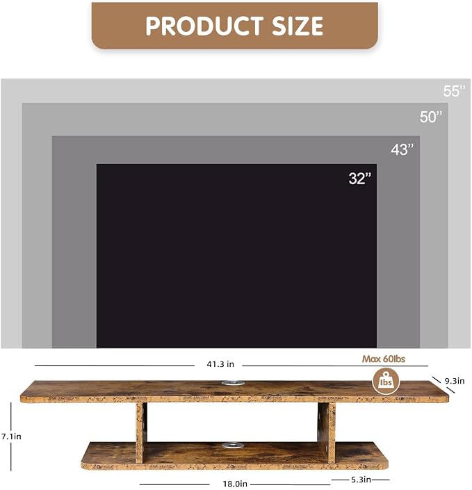 GHC Floating TV Stand, Wall Mounted Entertainment Center and Cabinet Shelf, TV Console with Storage, Media Console for DVD Player, Space-Saving Under TV Shelf for Bedroom (Rustic Brown) - Image 2