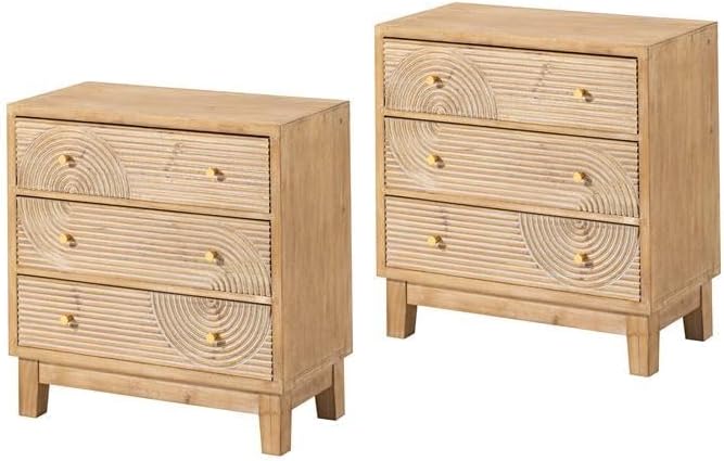 COZAYH 3-Drawer Farmhouse Dresser with Handicraft Wood Ring Motif, Set of 2 Fully Assembled Nightstand Wooden Finish for Boho, Mid-Century, Natural Wood, Rustic by COZAYH