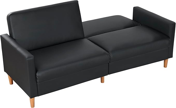 Lexicon 79"W Convertible Futon Sofa Bed, Loveseat, Faux Leather Upholstered Couch Sleeper, Adjustable Backrests, Padded Pocket Coil, Solid Wood Legs for Living Room, Bedroom, Apartment, Office, Black