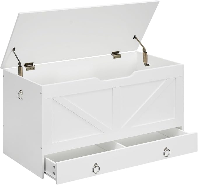 HOOBRO Storage Chest, 39.3" Toy Chest with Drawer, Wooden Storage Bench, Sturdy Entryway Bench Supports 220 lb, Shoe Bench, Safety Hinge, U-Shaped Opening, Easy Assembly, White WT710CW01G1 by HOOBRO