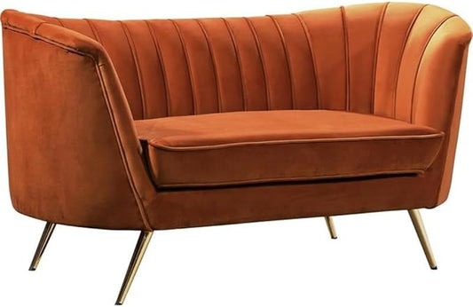 Meridian Furniture Margo Collection Modern | Contemporary Velvet Upholstered Loveseat with Deep Channel Tufting and Rich Gold Stainless Steel Legs, Cognac, 65" W x 30" D x 33" H