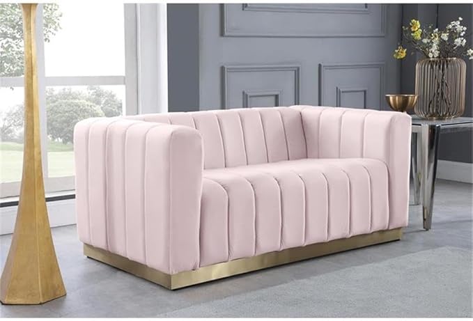 Meridian Furniture 603Pink-L Marlon Collection Modern | Contemporary Velvet Upholstered Loveseat with Deep Channel Tufting, Stainless Steel Base in a Brushed Gold Finish, Pink, 62.5" W x 34" D x 28" H
