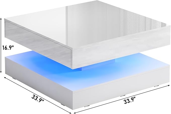 33.9" LED Coffee Table with Storage, Modern High Glossy Living Room Table w/2 Drawers,Double-Layer Design Large Square Center Table for Living Room, Home, Office, White