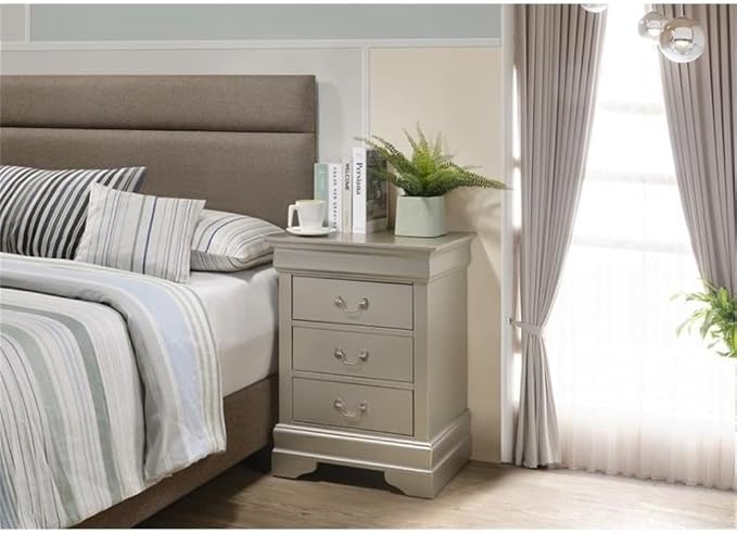 MAKLAINE Contemporary 3 Drawer Nightstand, 29 in H x 21 in W x 16 in D, Wood Veneer Finish, Silver Champagne, Dovetailed Drawers, Fully Assembled, Modern Bedroom Storage Furniture - Image 2