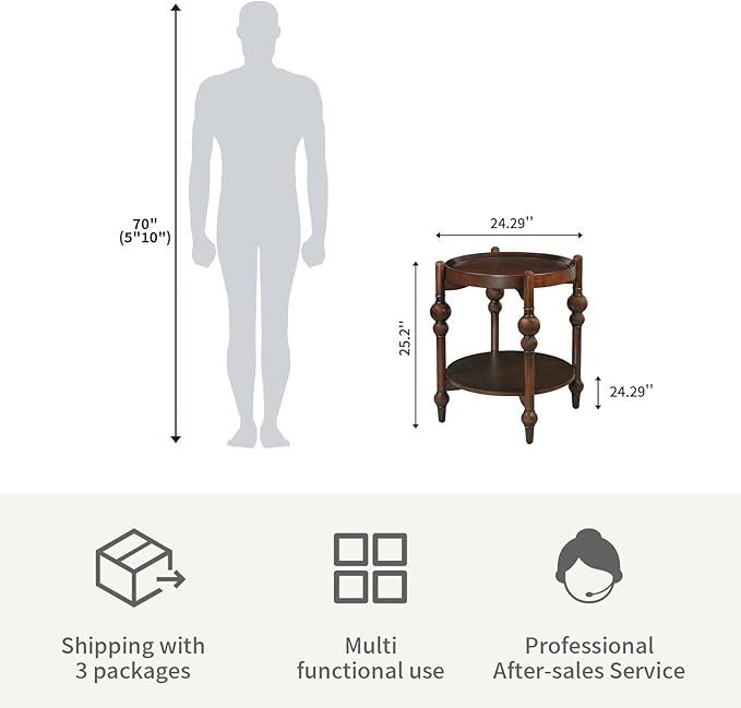 LKTART Nesting End Table for Living Room,Round Solid Wood Frame Nest Side Tables with Storage,Retro Accent Center Table for Small Space Apartment (25''D×24''H-Dark Brown)