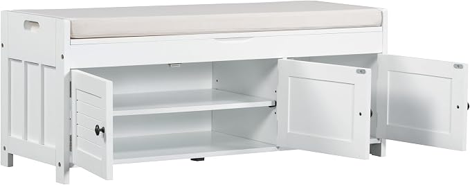 SOFTSEA Storage Bench with 3 Shutter-Shaped Doors Wood Entryway Bench Shoe Bench with Removable Cushion and Hidden Storage - Image 9