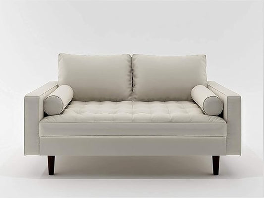 Womble Mid Century Modern Couch with Bolster Pillows, PU Leather Upholstered Tufted Seat, Versatile Retro Design for Comfortable Living Spaces, Loveseat, White