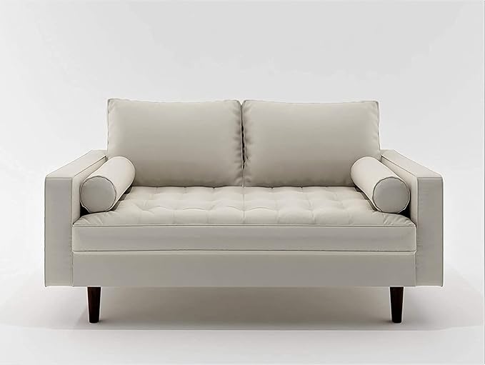 Womble Mid Century Modern Couch with Bolster Pillows, PU Leather Upholstered Tufted Seat, Versatile Retro Design for Comfortable Living Spaces, Loveseat, Sofa, White