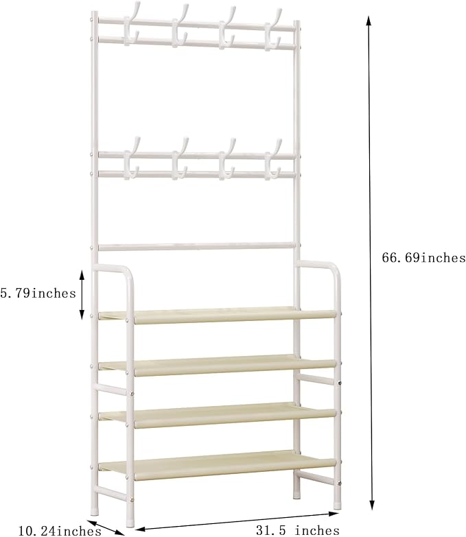 Coat Rack Shoe Rack With Storage Shelf Freestanding with 8 Hooks for Entryway Bedroom Closet (White, 4Tiers) - Image 5