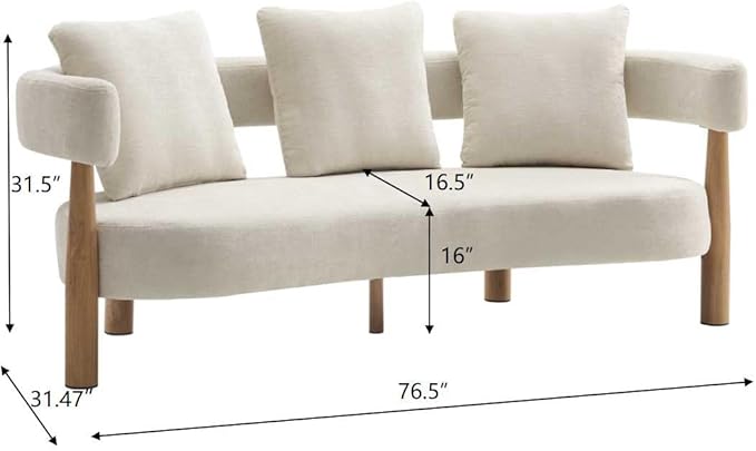 Christopher Knight Home Yulez Curved 3-Seater Sofa Couch with 3 Accent Pillows, Chenille Fabric Upholstered Lounge Seating, 76.5'' Home Office Bedroom Sofa Chair, Comfy Wooden Frame Sofa, Beige
