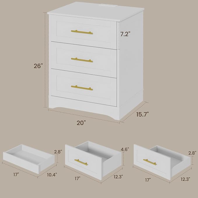 Modern Luxury Nightstand with Charging Station and Hidden Drawer, Bedside Table with 4 Drawers, 26" H Night Stand for Bedroom, Home Office, White - Image 3