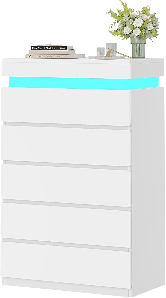 HAUOMS Tall 5 Drawer Dresser with LED Light, White Modern Chest of Drawers for Bedroom,Closet Dressers with Drawers for Living Room, Entryway, Hallway - Image 8