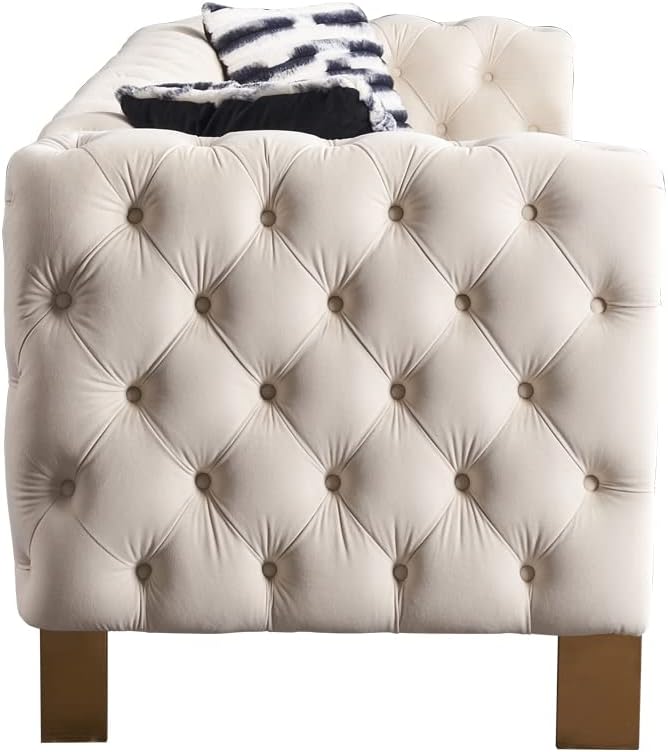 KEIKI 84" Chesterfield Velvet Tufted Button Sofa with Removable Cushions and 2 Toss Pillows, Modern 3-Seater Couch with 4 Gold Metal Leg, Easy Assembly, for Living Room, Bedroom, Apartment, Cream