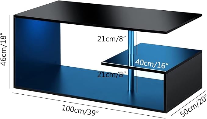 HOMMPA LED Coffee Tables for Living Room Modern Black Coffee Table with S-Shaped 3 Tiers Open Storage Shelf High Gloss Center Sofa Tea Table with LED Lights for Home Office Furniture Black 18" Tall