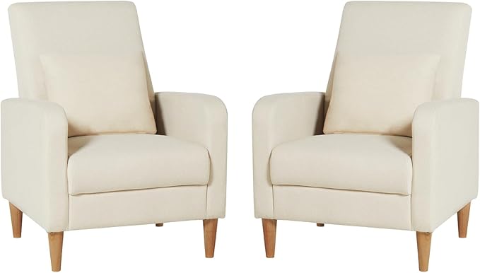 COLAMY Mid-Century Modern Upholstered Accent Chair with Back Pillow & Solid Wood Legs, Fabric Cozy Armchair for Living Room, Bedroom, Reading Nook, Apartment & Small Spaces, Beige