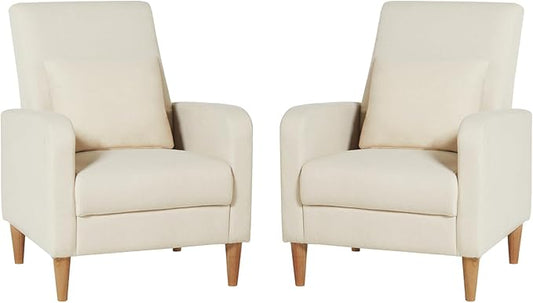 COLAMY Mid-Century Modern Upholstered Accent Chair with Back Pillow & Solid Wood Legs, Fabric Cozy Armchair for Living Room, Bedroom, Reading Nook, Apartment & Small Spaces, Beige