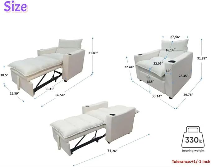 3-in-1 Convertible Sleeper Chair, Velvet Pullout Chair with Cup Holders, Recliner Sofa Bed with 4 Adjustable Angles, Convertible Lazy Sofa Bed for Small Spaces Home Office, Beige