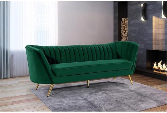 Meridian Furniture Margo Collection Modern | Contemporary Velvet Upholstered Sofa with Deep Channel Tufting and Rich Gold Stainless Steel Legs, Green, 88" W x 30" D x 33" H
