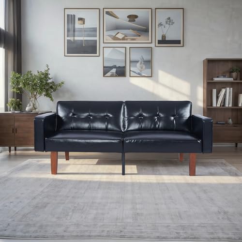 Adjustable Backrest Convertable Sofa, Modern PU Leather 2-Seat Futon Sofa, Convertible Faux Leather Sleeper Couch with Armrests, Couch for Living Room Home Office Spaces, Black