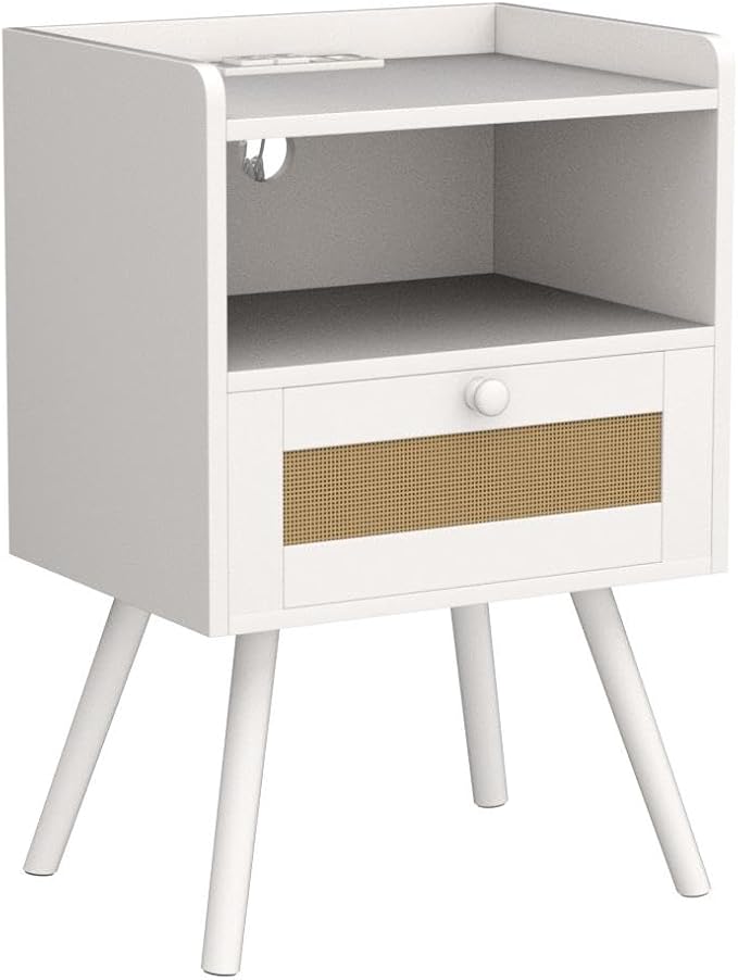 SUPERJARE Nightstands with Charging Station, Bedside Table Set of 2 with PE Rattan Drawers, Rattan Side Table with Storage & Solid Wood Feet, End Table for Bedroom, White - Image 5