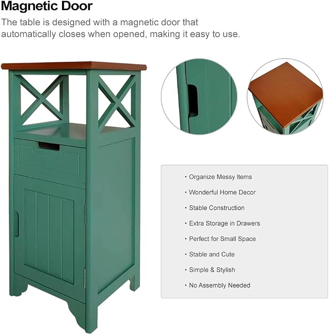 30 Inches Tall Nightstand, Fully Assembled End Table with Drawer, Solid Wood Side Table for Bedroom, Living Room, No Assembly Required-Brown&Green - Image 6