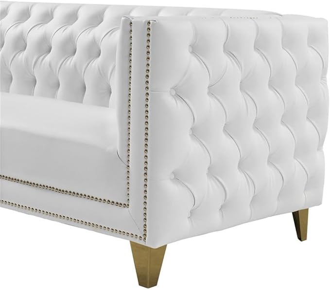 Meridian Furniture 651White-S Michelle Collection Modern | Contemporary Sofa with Deep Button Tufting, Gold Nailhead Trim and Sturdy Gold Iron Legs, White Vegan Leather, 90" W x 34" D x 30" H
