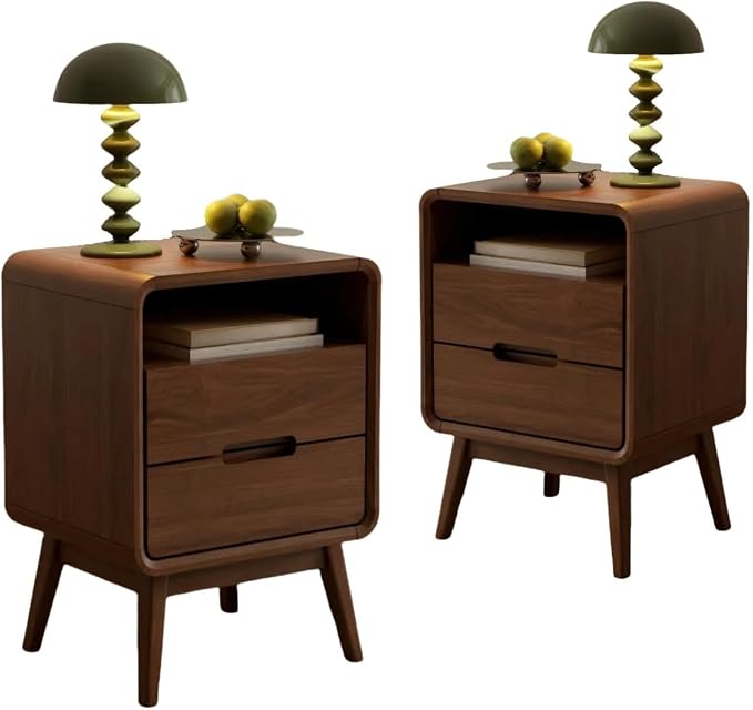 Walnut Nightstand Set of 2, Solid Wood Nightstand with Drawers & Open Storage Shelf, Mid Century Modern Nightstands, Wood End Table for Bedroom, (Dark Black Walnut, 23.23" H) by Vadisun