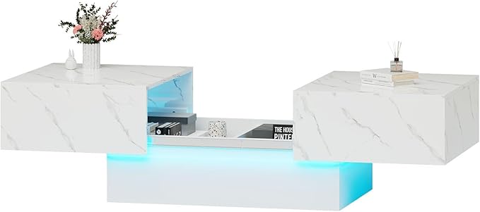 White Marble LED Coffee Table with Storage for Living Room, Living Room Table Rectangular Center Table, Modern High Glossy Wooden Coffee Tables for Dining Reception Room