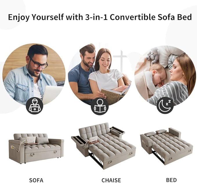 Convertible Sofa Bed, 5-in-1 Pull Out Couch with Side Table, Loveseat Sleeper Sofas Bed Couch with USB Port, 65‘’ Velvet Pull Out Sofa Beds for Living Room, Bedroom, Apartment
