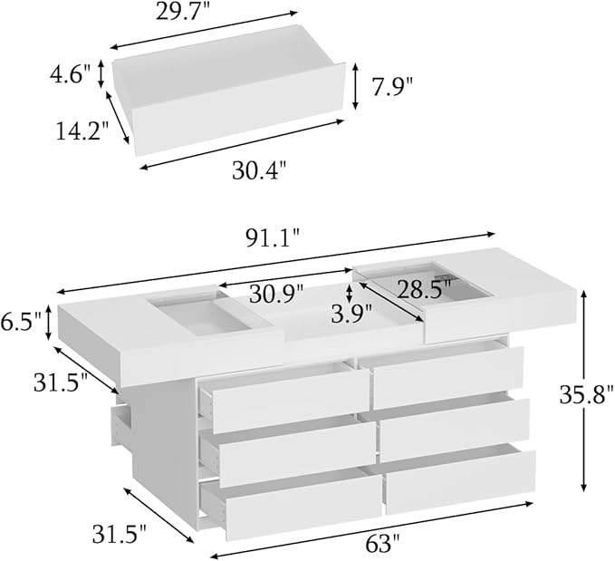 Armoire Bedroom Island Wardrobe Closet Island with 12 Drawers & Sliding Glass Tabletop, Island Dresser with Expandable Design, Closet Island for Bedroom Cloakroom White 63”W x 31.5”W x 35.8”H