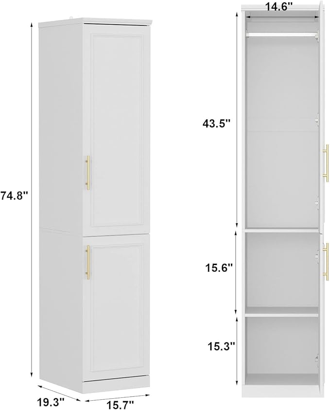FAMAPY 2 Door Wardrobe Tall and Narrow Armoire Wardrobe with Hanging Rod, Gold Metal Handles, Closet for for Bedroom White (15.7”W x 19.3”D x 74.9”H)