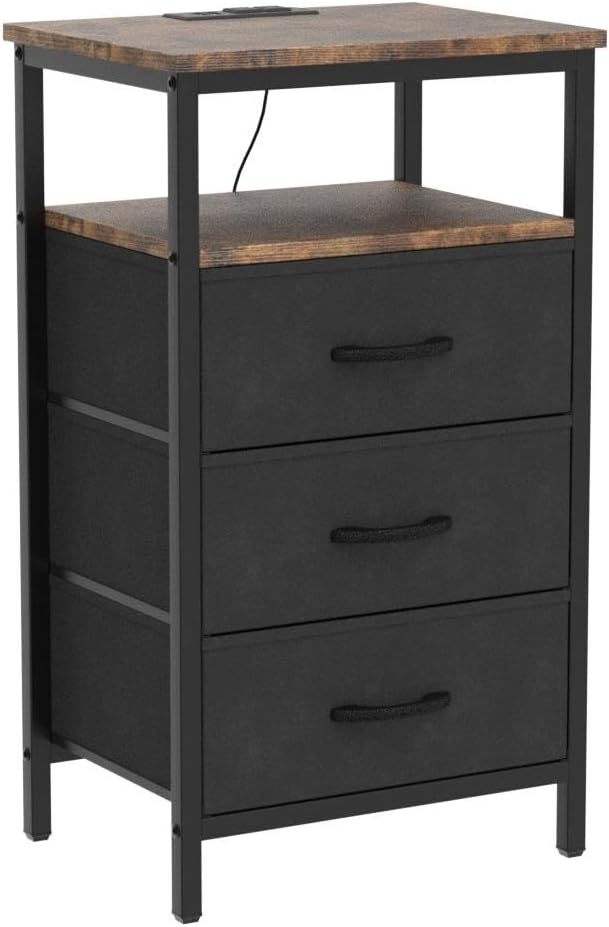 Huuger Nightstands Set of 2, 27.6 Inch End Tables with Charging Station, Fabric Drawers, Bedside Tables with USB-C Port and Outlet, Night Stands for Bedroom, Rustic Brown and Black - Image 5
