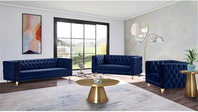 Meridian Furniture 652Navy-L Michelle Collection Modern | Contemporary Loveseat with Deep Button Tufting, Gold Nailhead Trim and Sturdy Gold Iron Legs, Navy Velvet, 66" W x 34" D x 30" H