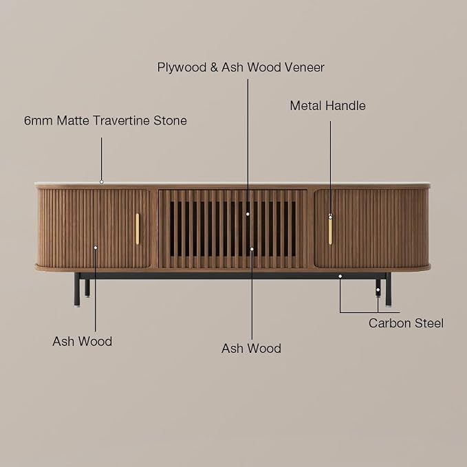 POVISON Fully-Assembled Sliding Tambour Door TV Stand, Mid Century Modern Sintered Stone TV Console, Wood Media Console for 75 Inch TV, Entertainment Center with Storage Cabinet (Walnut, 78.74") - Image 6