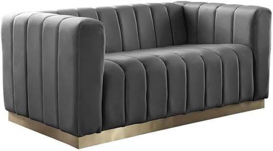 Meridian Furniture 603Grey-L Marlon Collection Modern | Contemporary Velvet Upholstered Loveseat with Deep Channel Tufting, Stainless Steel Base in a Brushed Gold Finish, Grey, 62.5" W x 34" D x 28" H